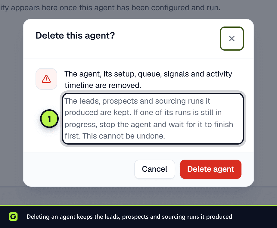 The Delete this agent dialog explaining that leads, prospects and sourcing runs are kept