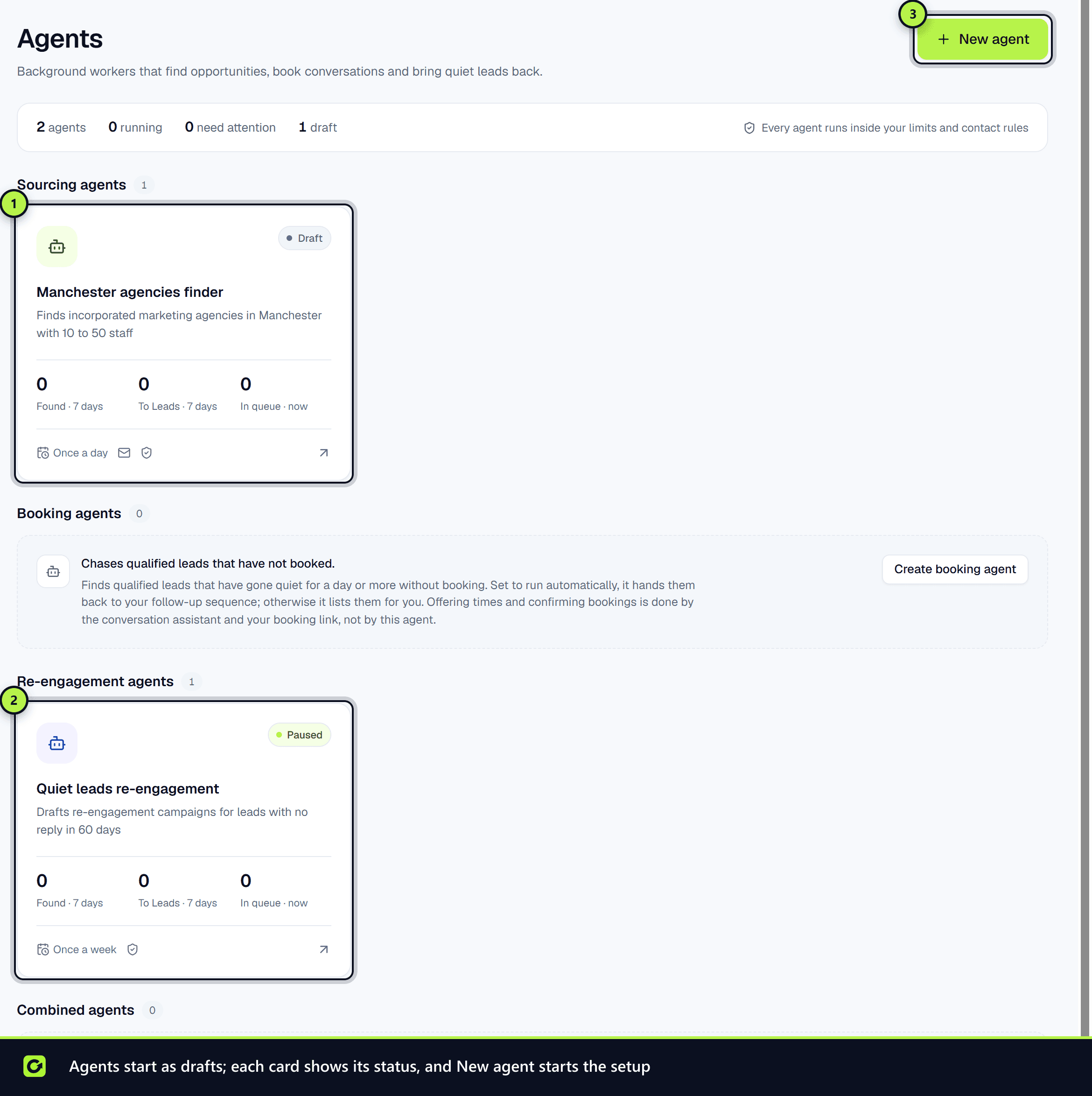 The Agents page with a draft and a paused agent and the New agent button