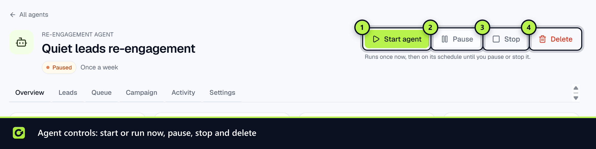 An agent page header with Start agent, Pause, Stop and Delete