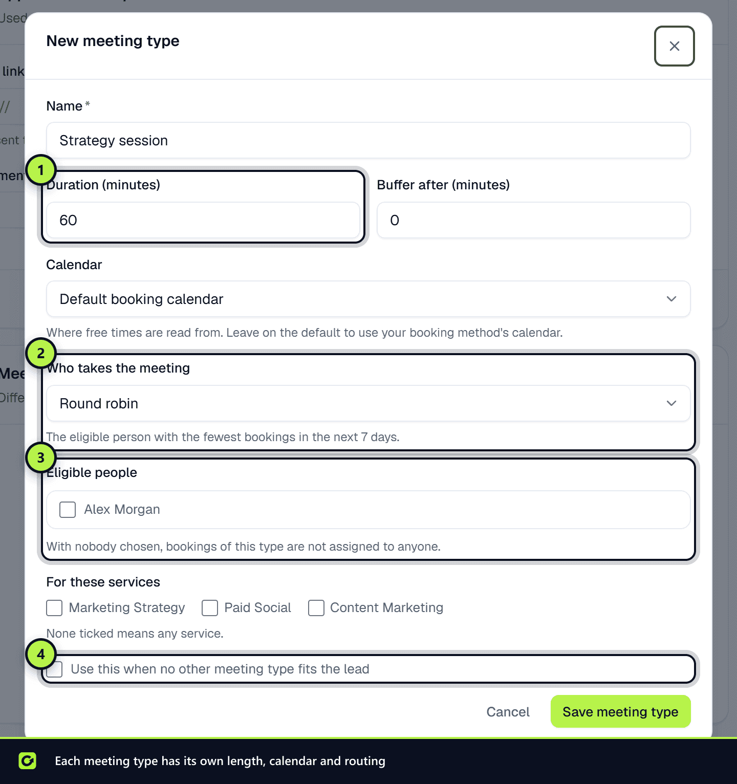 The New meeting type dialog with duration, who takes the meeting, eligible people and the default option