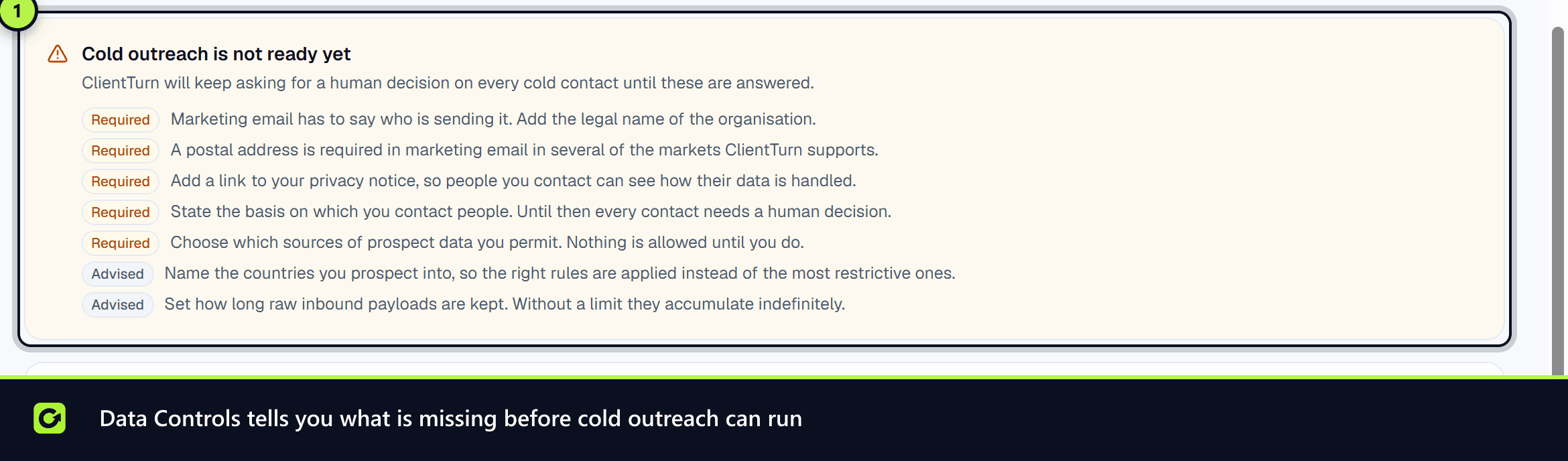 The Cold outreach is not ready yet panel in Data Controls with its list of gaps