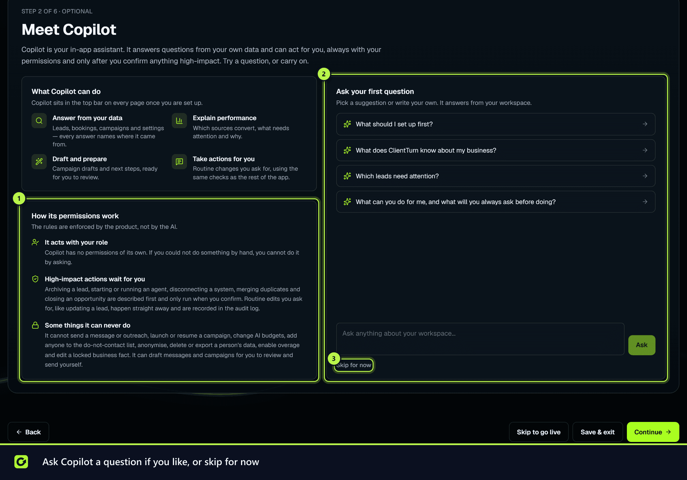 The Meet Copilot onboarding step with the permissions panel, suggested questions and Skip for now