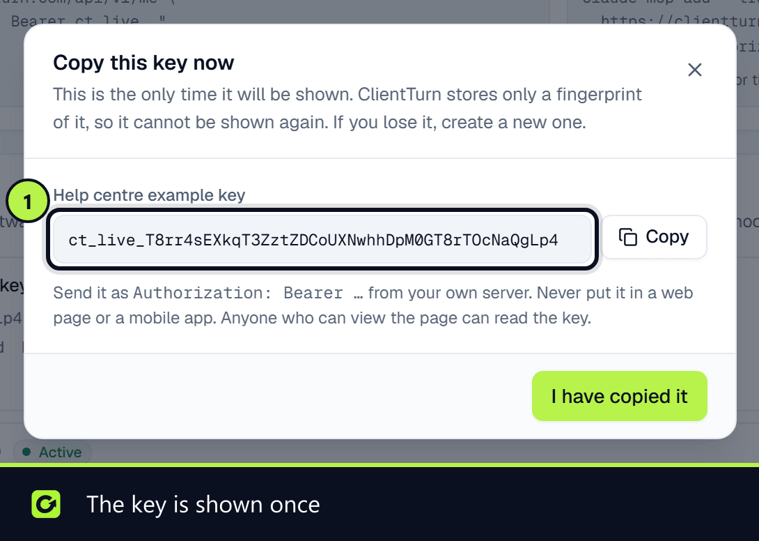 The Copy this key now dialog showing a newly created API key (deleted straight after this screenshot)