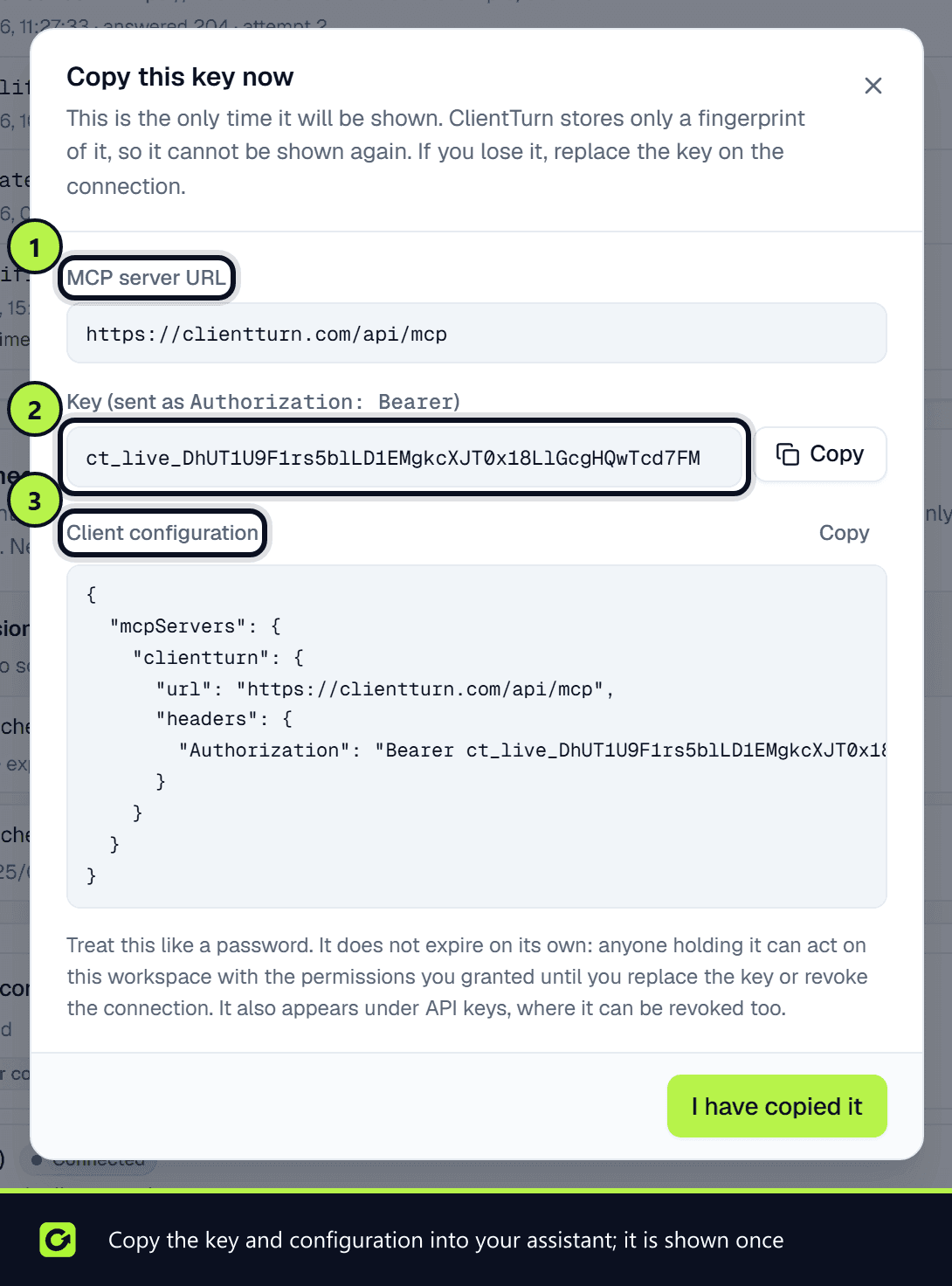 The new assistant connection dialog with the MCP server URL, the key and the client configuration (the connection was deleted straight after)