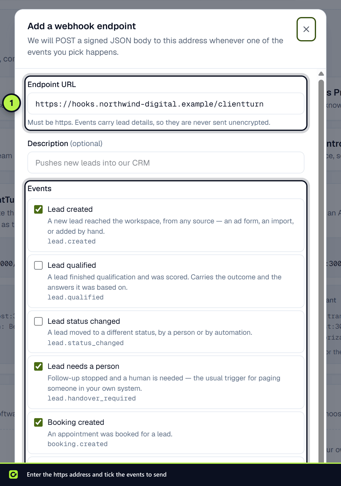 The Add a webhook endpoint dialog with the endpoint URL and three events ticked