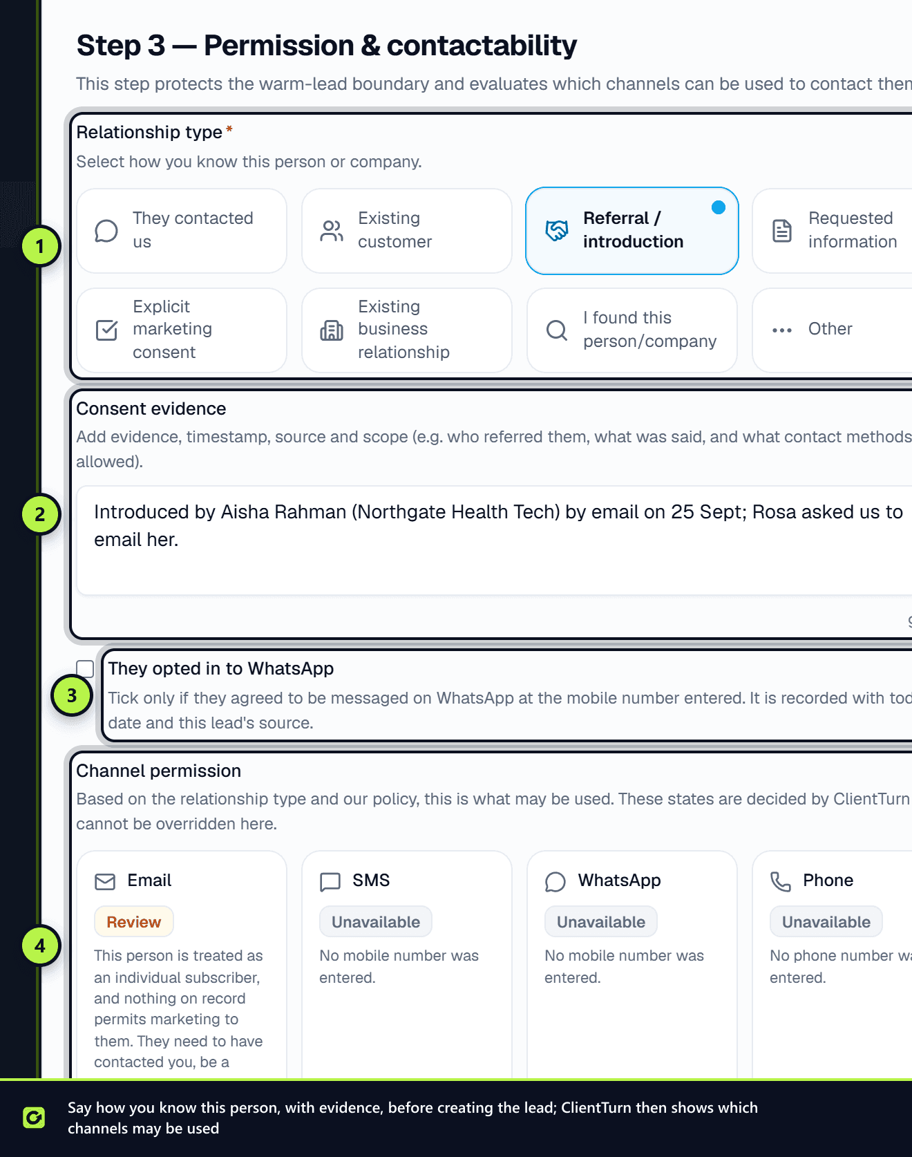 The Add lead permission step with the relationship cards, consent evidence, the WhatsApp opt-in box and channel permission