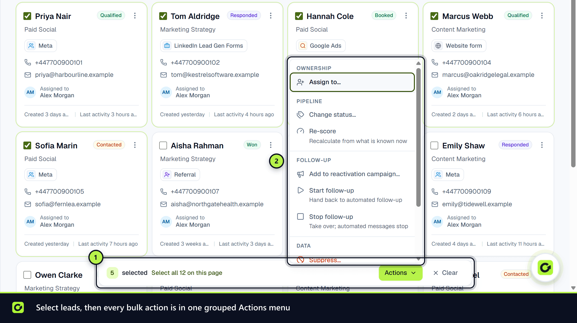 The Leads page with five leads selected and the grouped Actions menu open