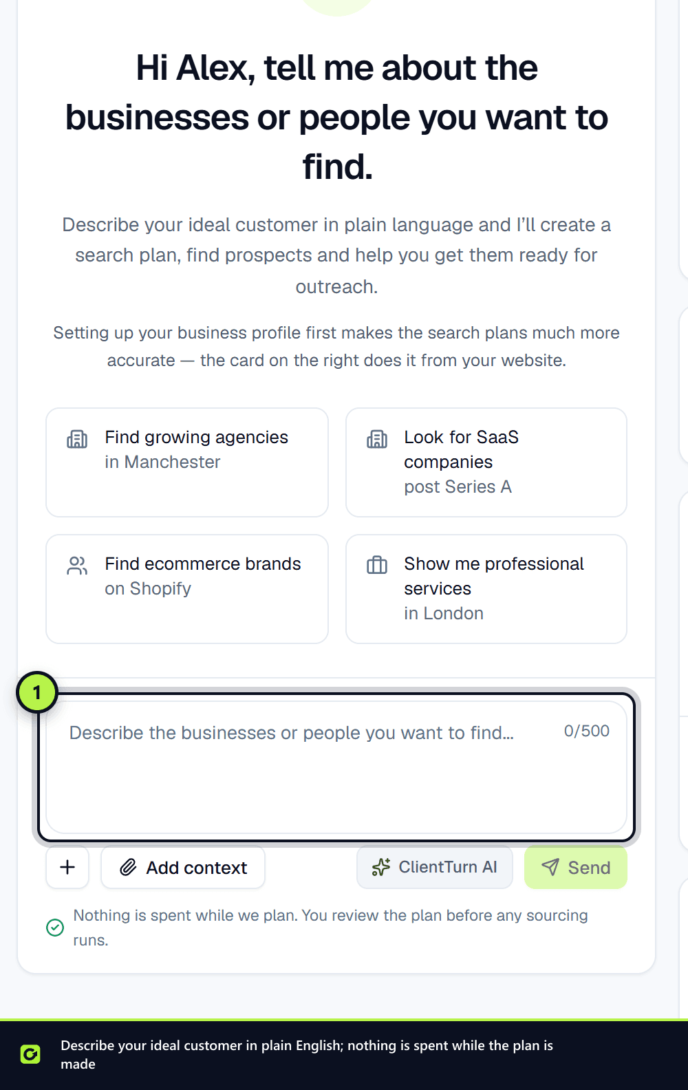 The Find Leads Discover view with the box for describing your ideal customer