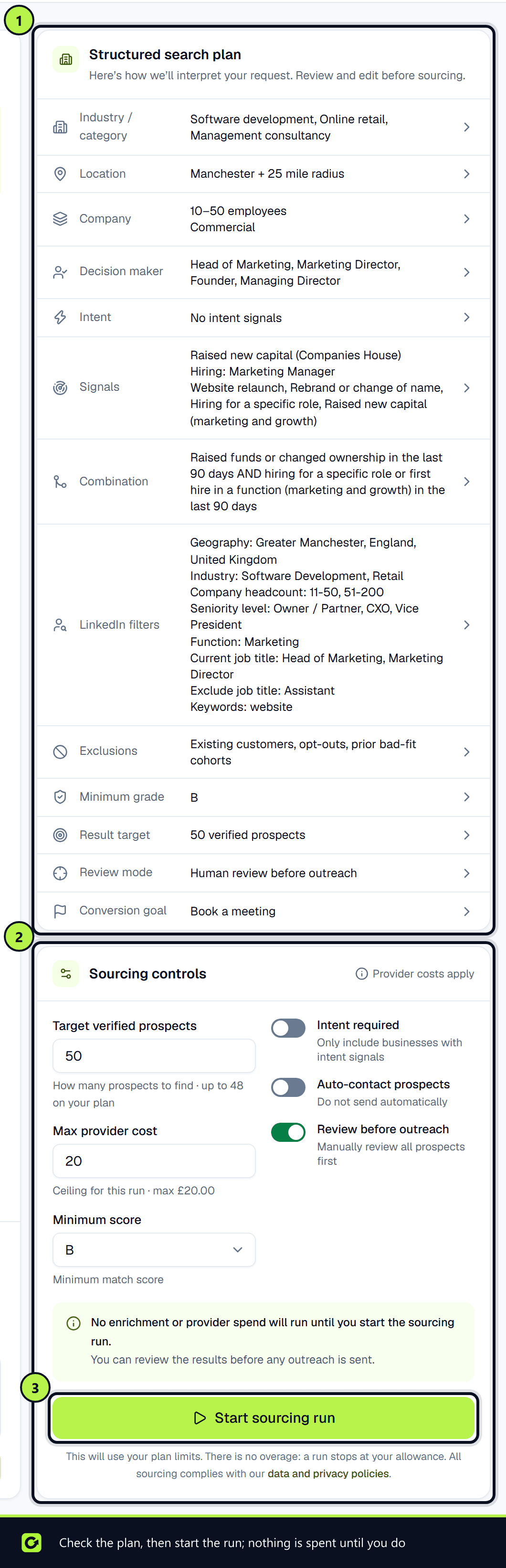 A structured search plan for SaaS and ecommerce companies in Manchester with 10 to 50 staff, and the Sourcing controls with Start sourcing run