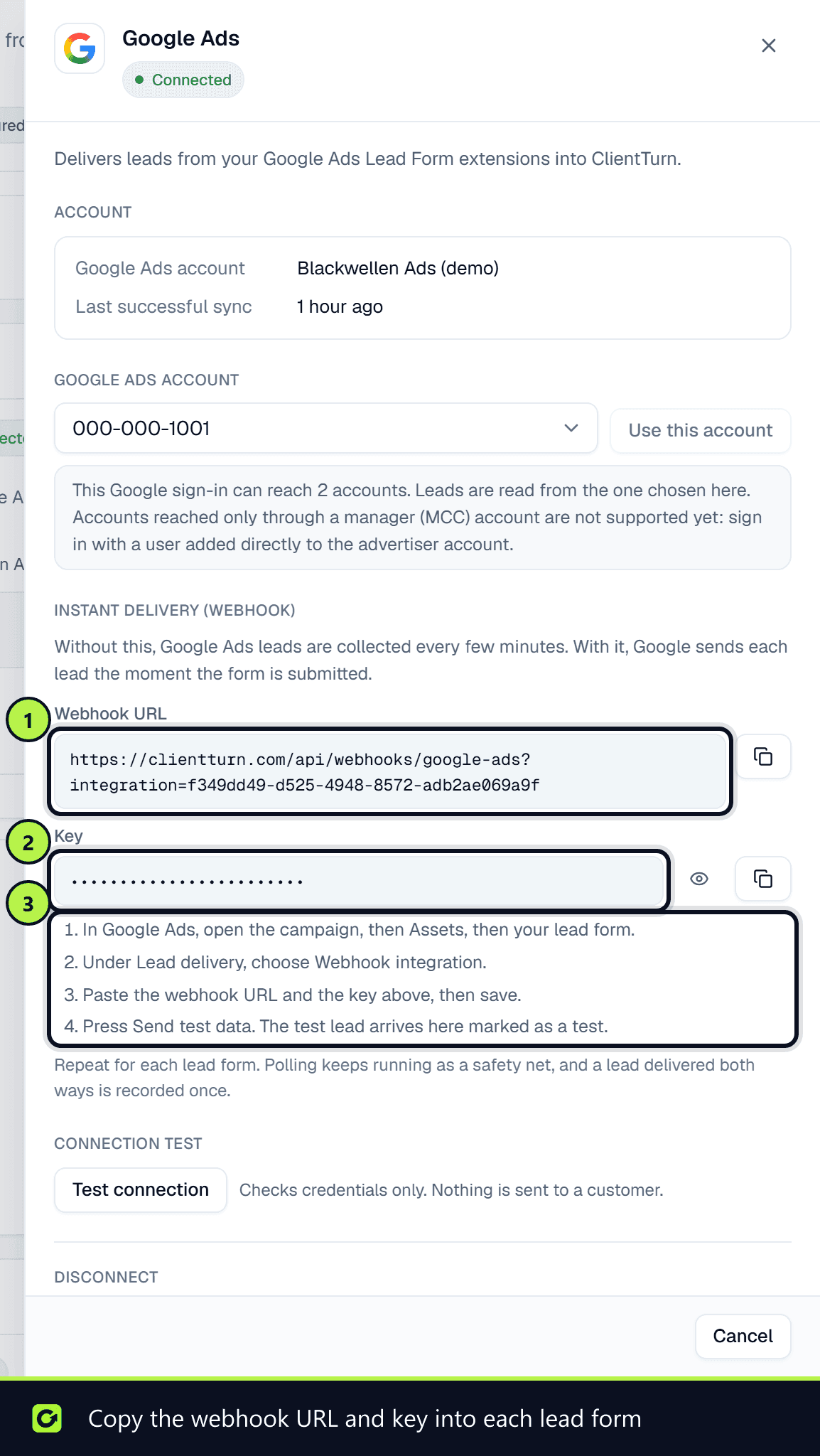 The Google Ads connection panel with the instant delivery webhook URL, the hidden key and the four set-up steps