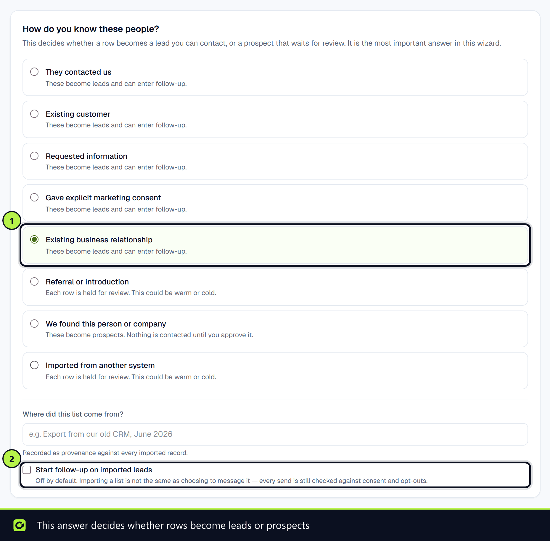 Step 3 of the CSV import, How do you know these people?, with Existing business relationship chosen and the Start follow-up on imported leads option