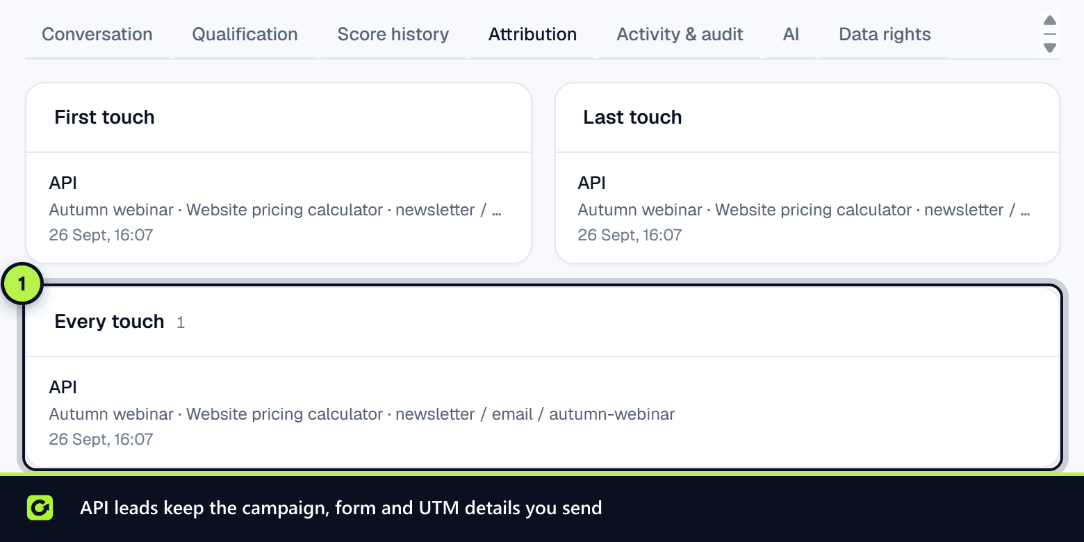 A lead's Attribution tab showing an API touch with its campaign, form and UTM values