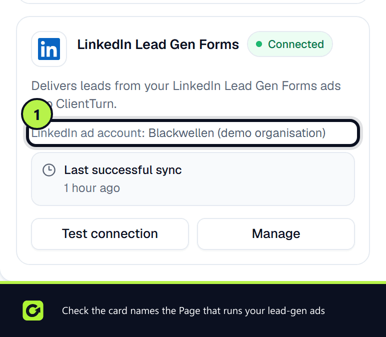 The LinkedIn Lead Gen Forms card, connected, naming the LinkedIn organisation
