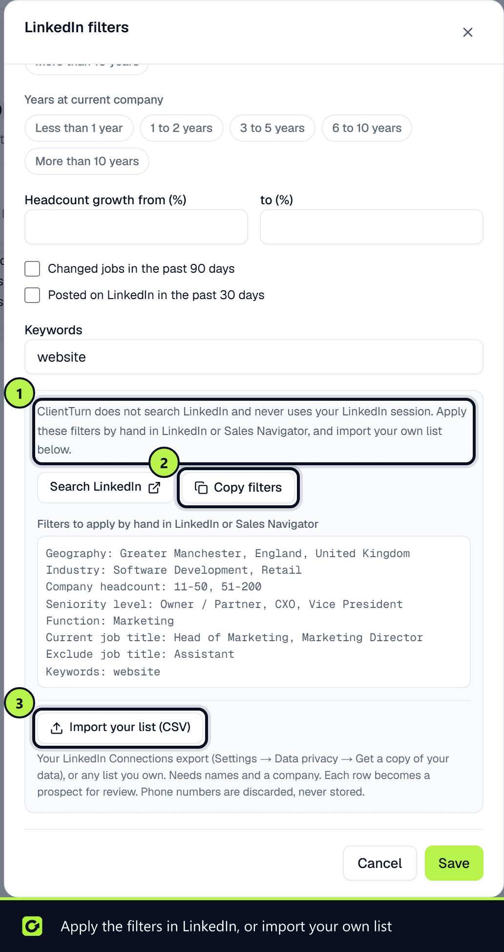 The LinkedIn filters for the search plan with Search LinkedIn, Copy filters and Import your list (CSV)