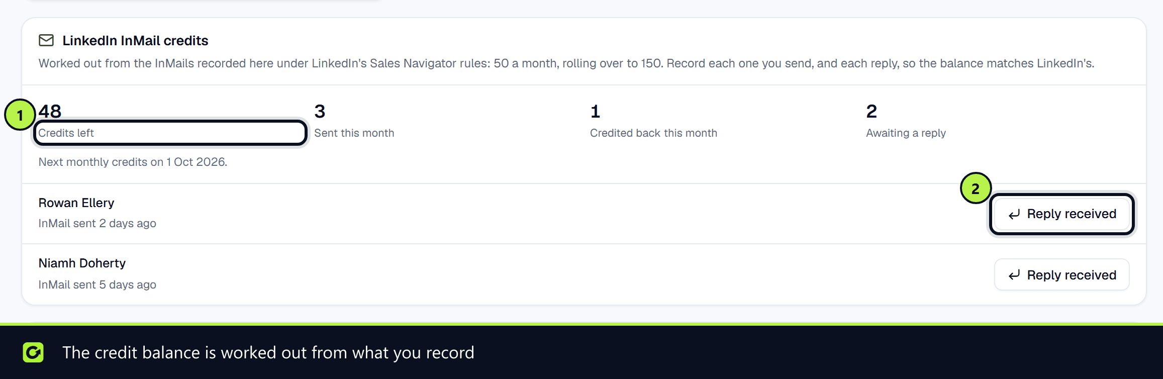 The LinkedIn InMail credits panel with credits left, InMails awaiting a reply and Reply received buttons