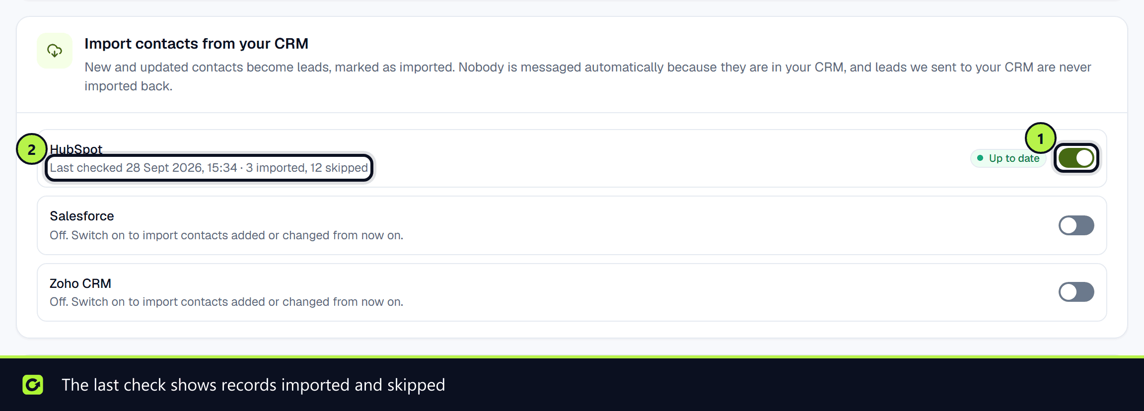 The Import contacts from your CRM card with HubSpot switched on and its last check, and Salesforce and Zoho CRM off