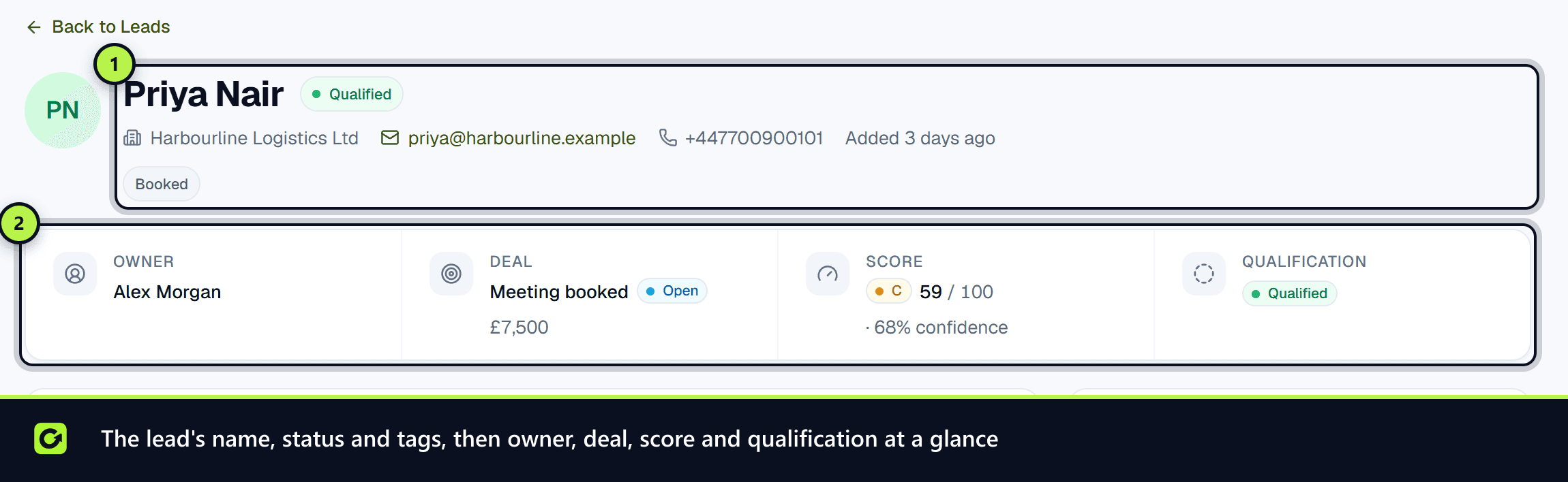 The lead page header with name, status and tags, and the owner, deal, score and qualification facts