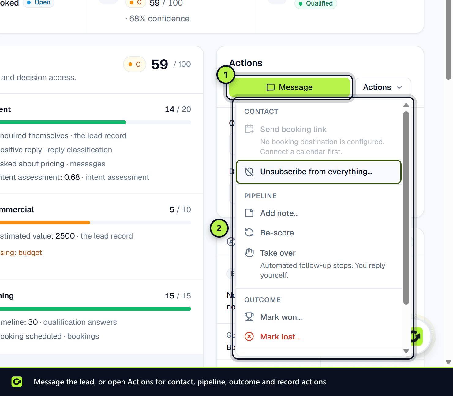 The Message button and the open Actions menu grouped into Contact, Pipeline, Outcome and Record