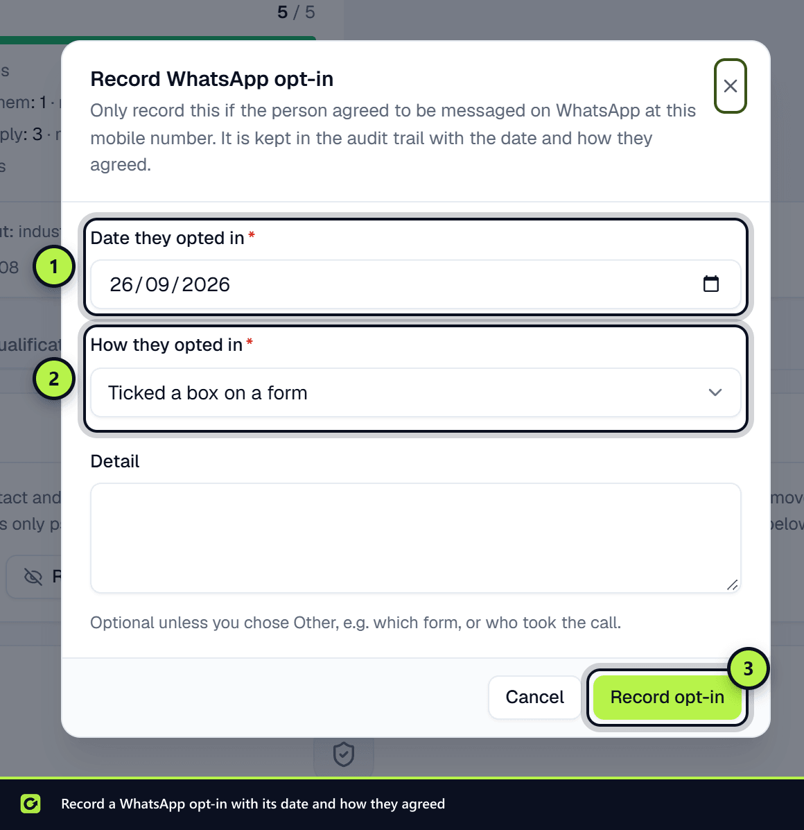 The Record WhatsApp opt-in dialog with the date and how-they-opted-in fields