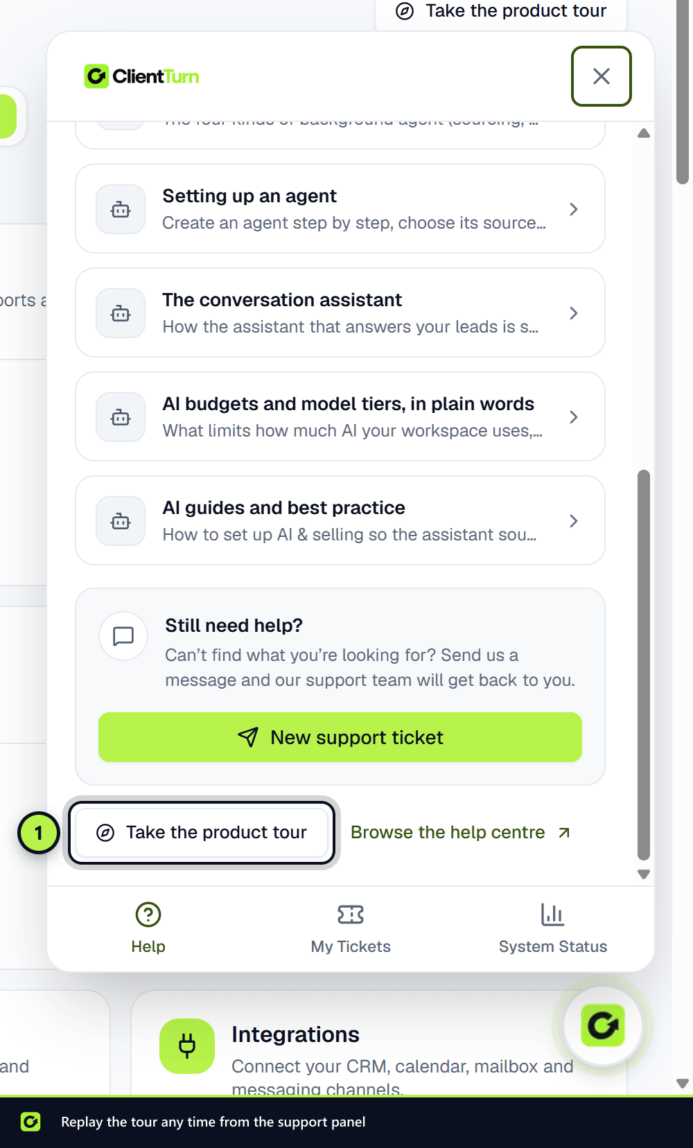The support panel's Help tab with the Take the product tour button