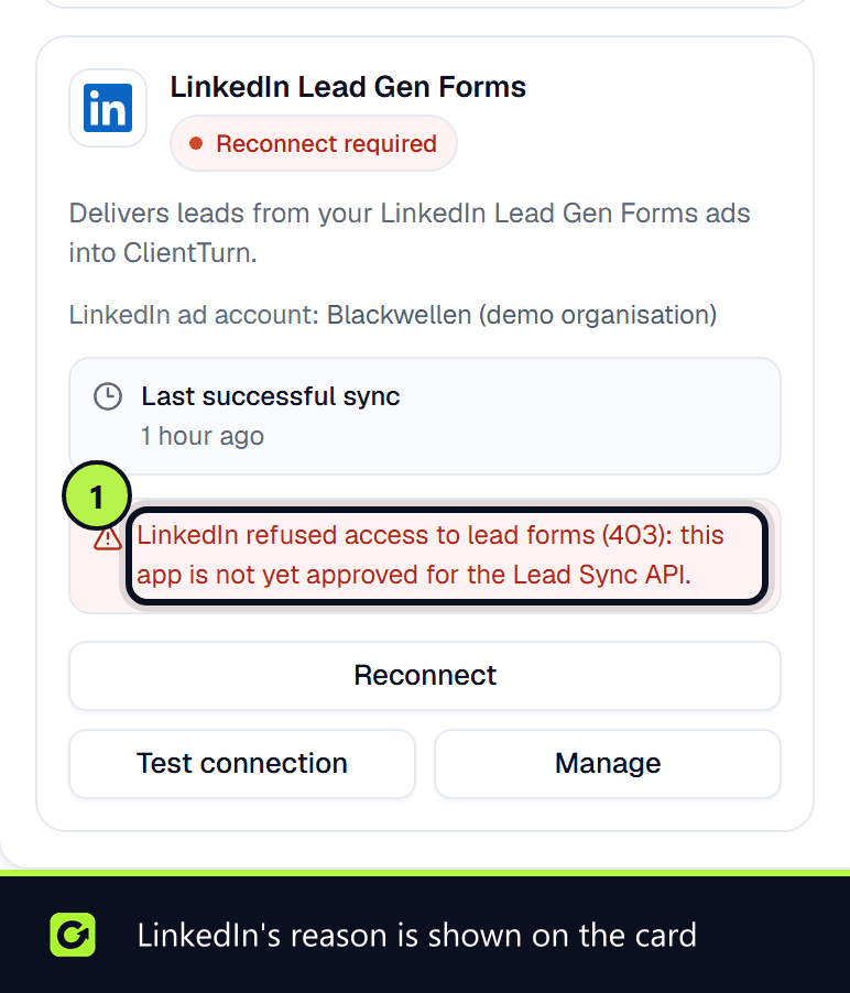 The LinkedIn Lead Gen Forms card in Reconnect required, showing LinkedIn's error message