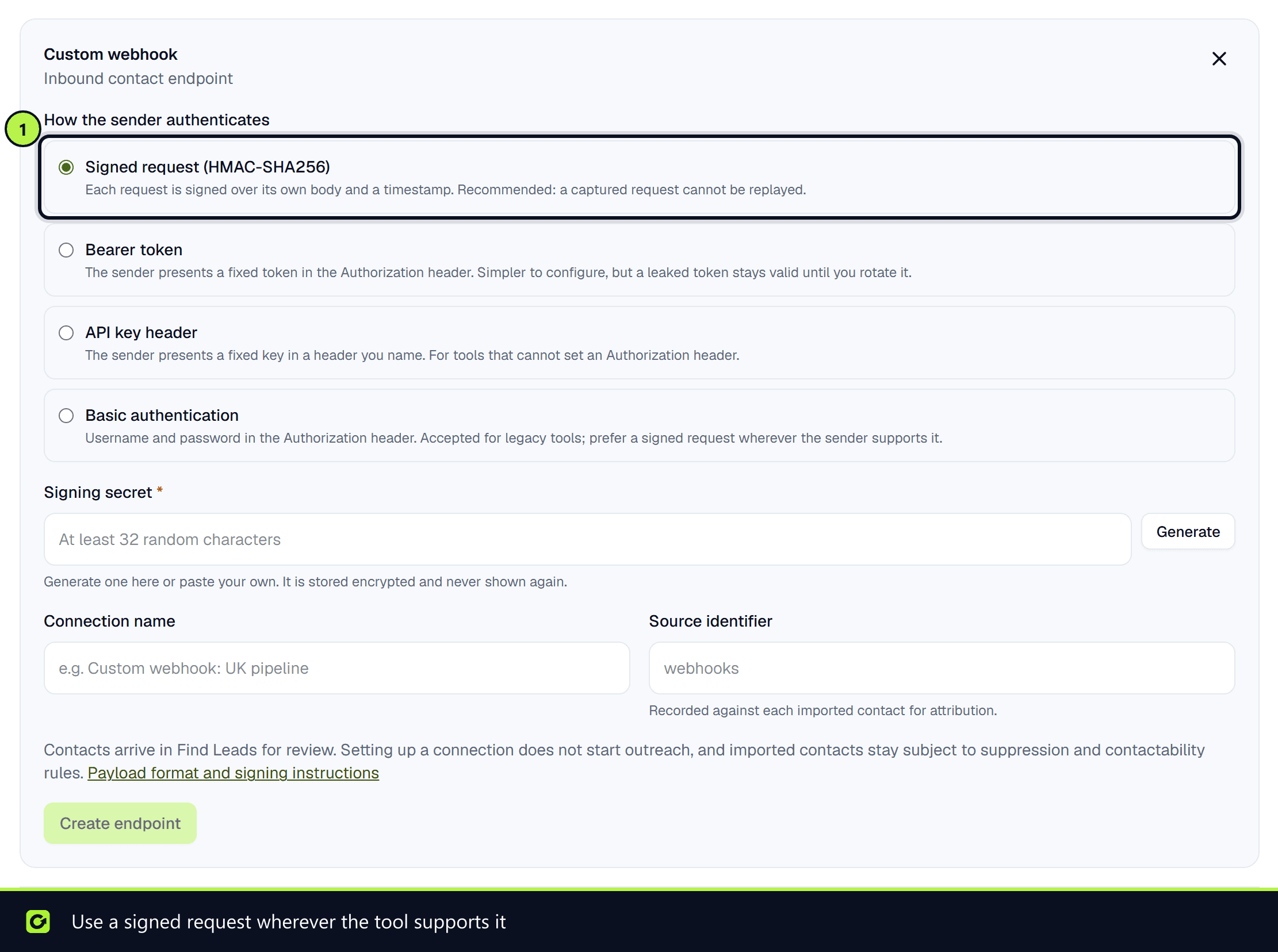 The Custom webhook inbound endpoint set-up with Signed request (HMAC-SHA256) chosen