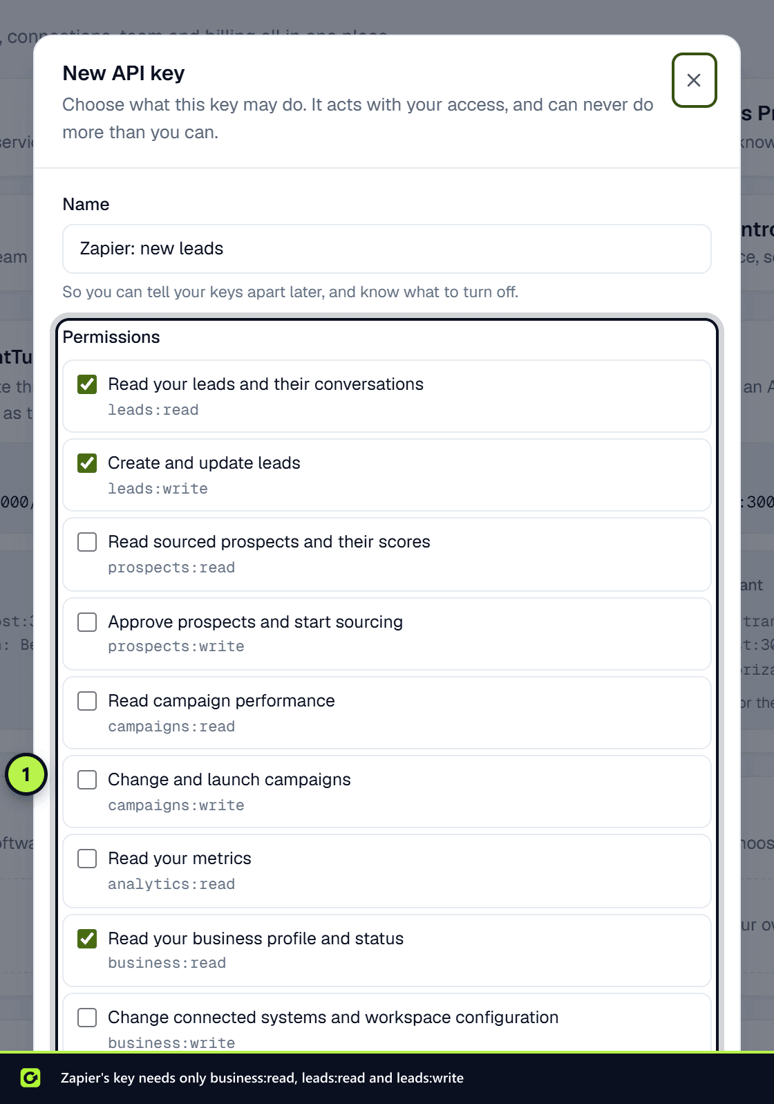 The New API key dialog with leads:read, leads:write and business:read ticked