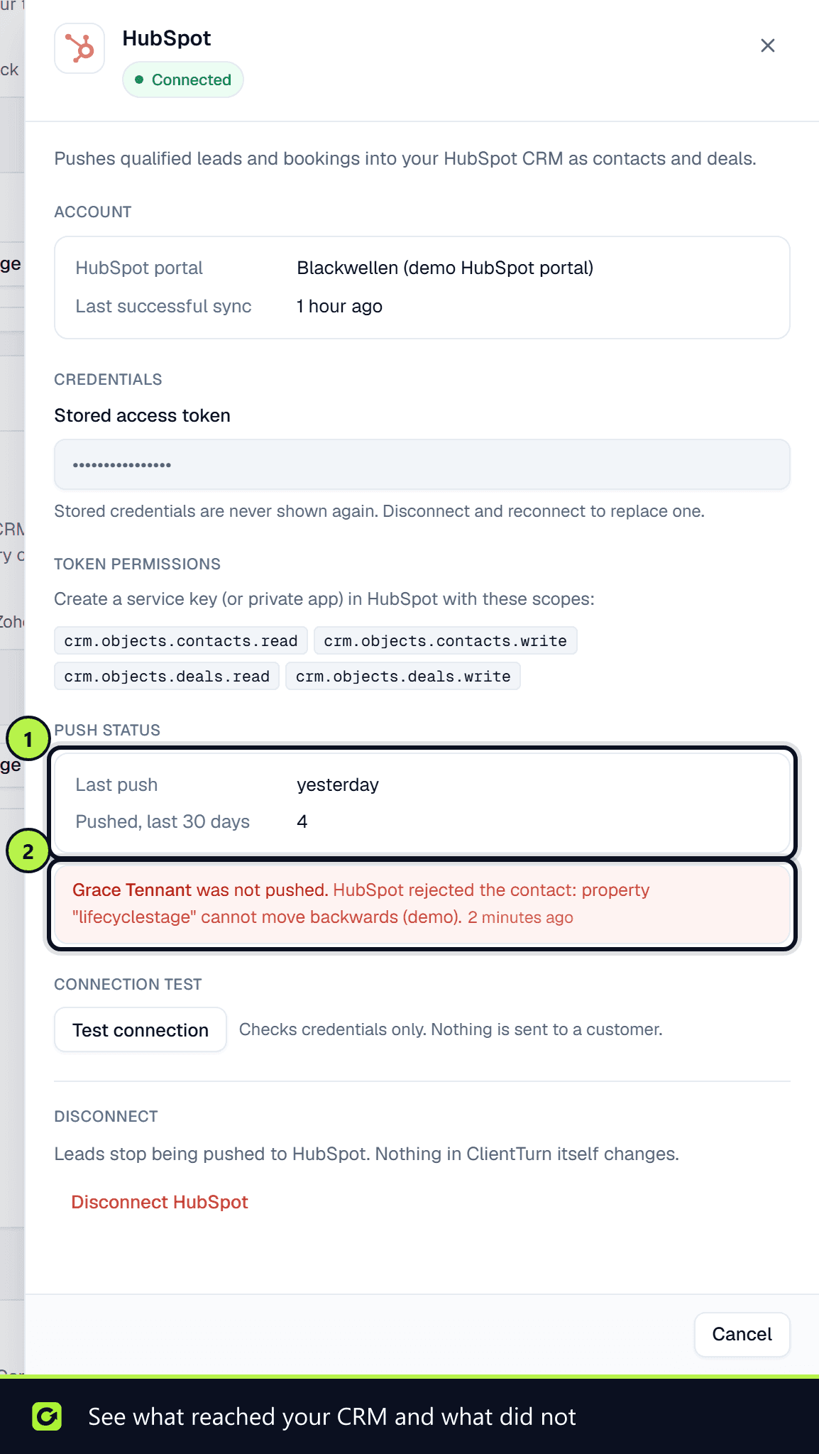 The HubSpot panel's Push status with the last push, the count pushed in the last 30 days and one failed push