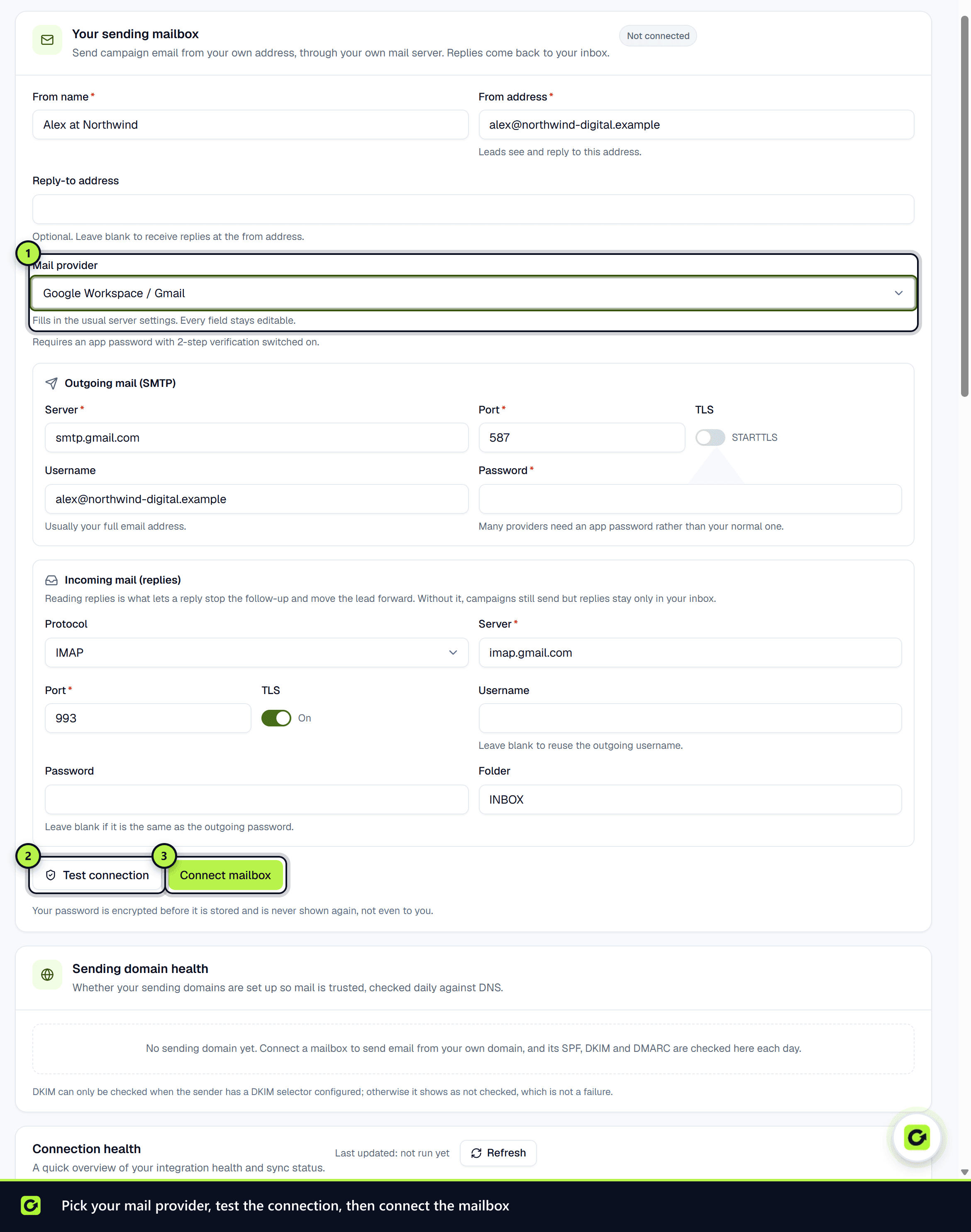 The sending mailbox form with the Google preset, Test connection and Connect mailbox