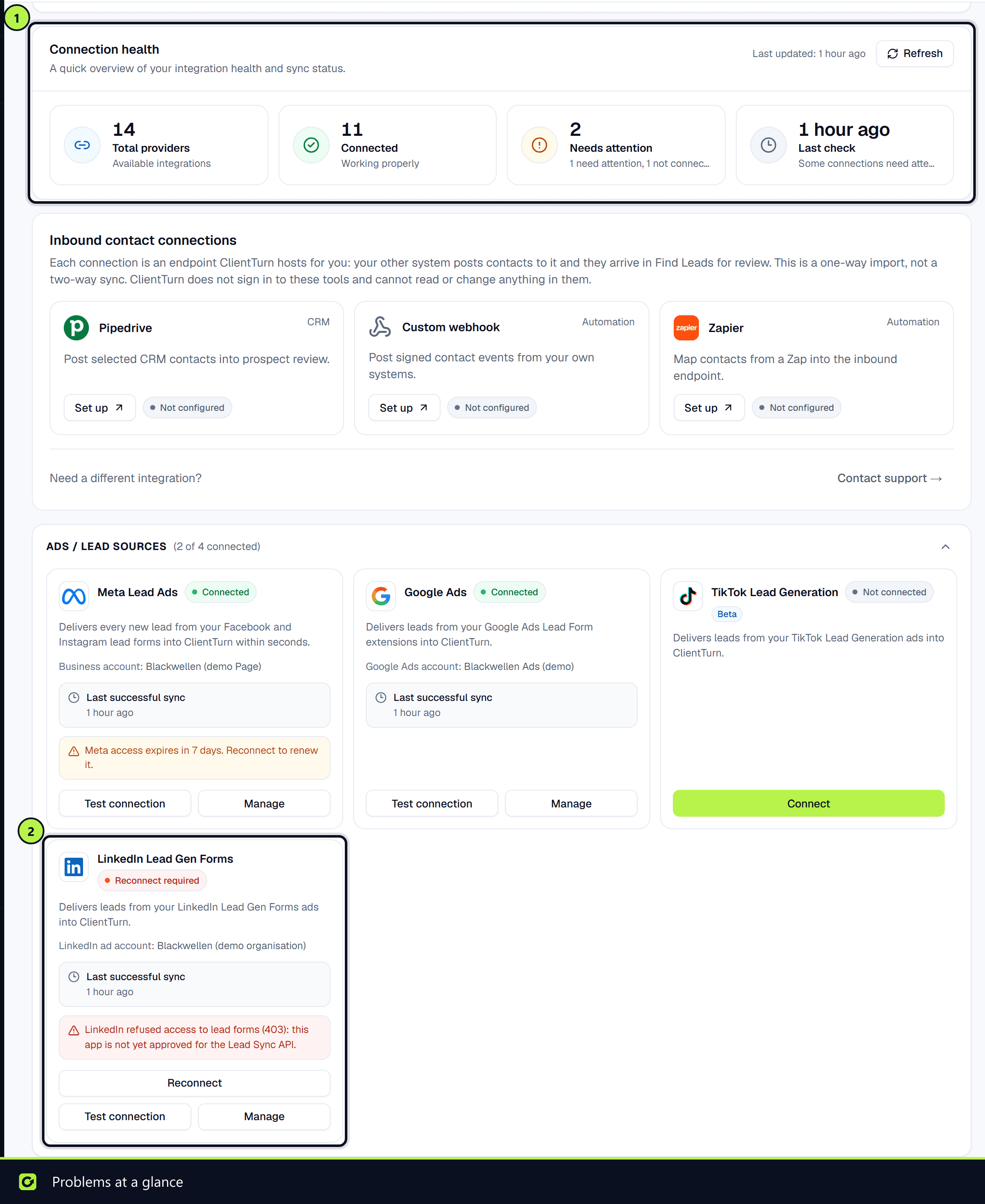 The Connection health summary above the lead-source cards, with LinkedIn Lead Gen Forms needing a reconnect