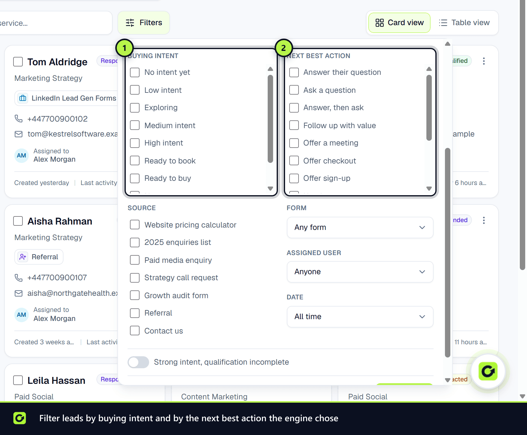 The Leads filter panel with the Buying intent and Next best action filter groups