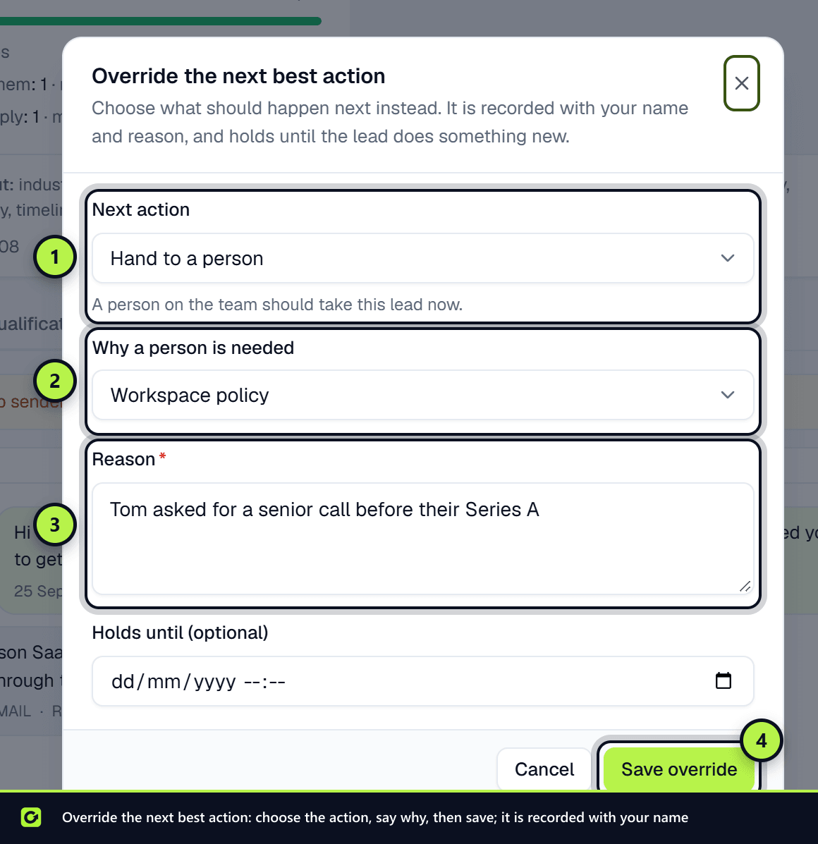 The Override the next best action dialog with the next action, the reason for a person and the reason field