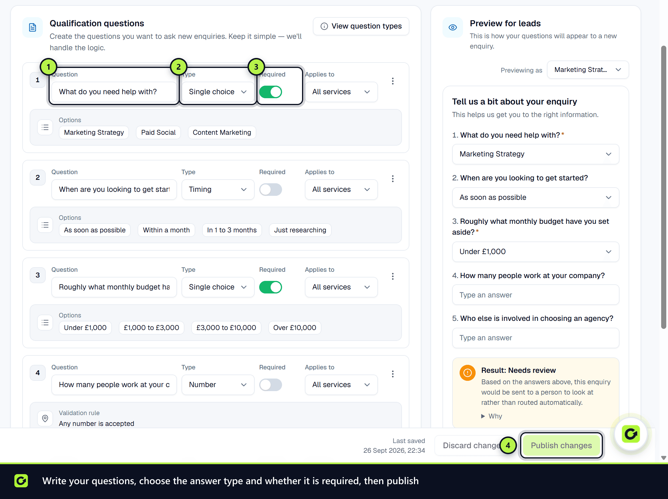 The qualification questions editor with question text, answer type, Required and Publish changes marked