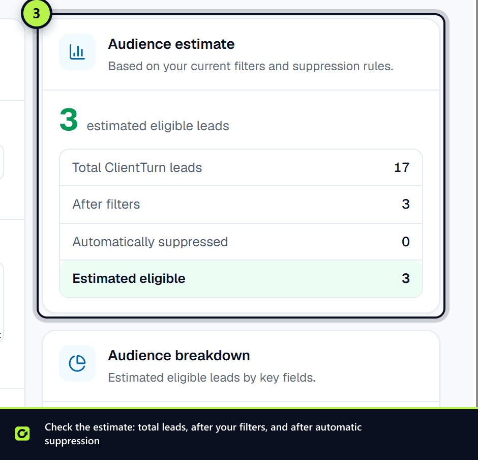 The Audience estimate panel with total leads, after filters, suppressed and eligible counts