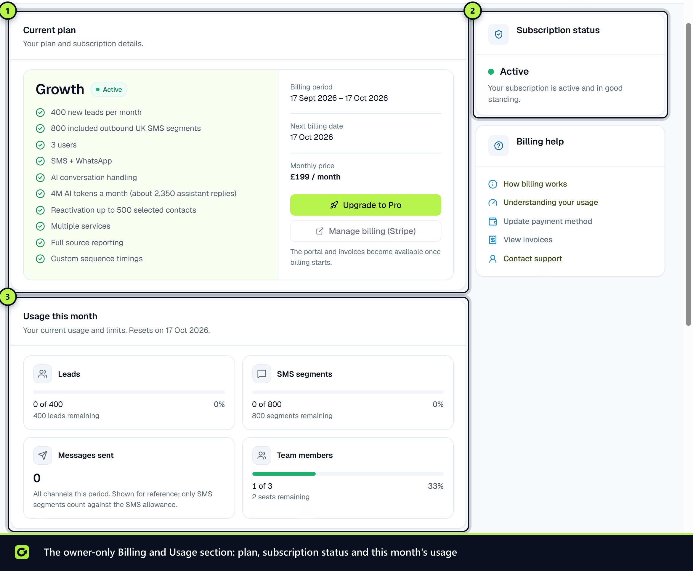 Billing and Usage with the current plan, subscription status and usage this month