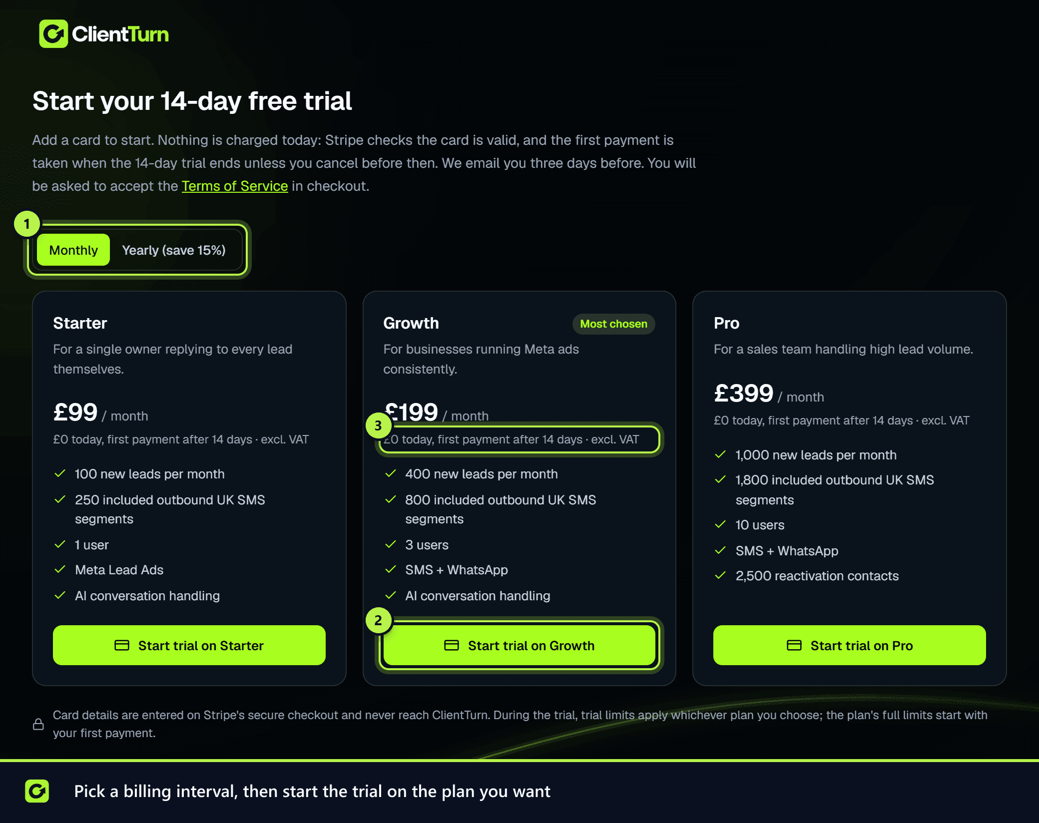 The start-trial page with the Monthly and Yearly toggle, a Start trial button and the no charge today line