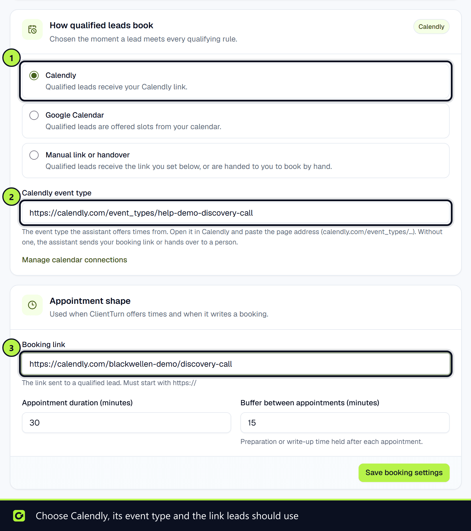 The booking card with the Calendly option selected, the Calendly event type and the booking link field