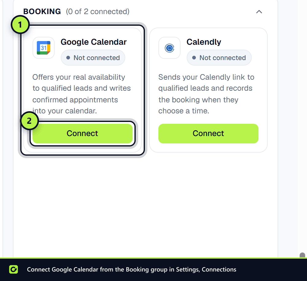 The Google Calendar card in the Booking group with its Connect button