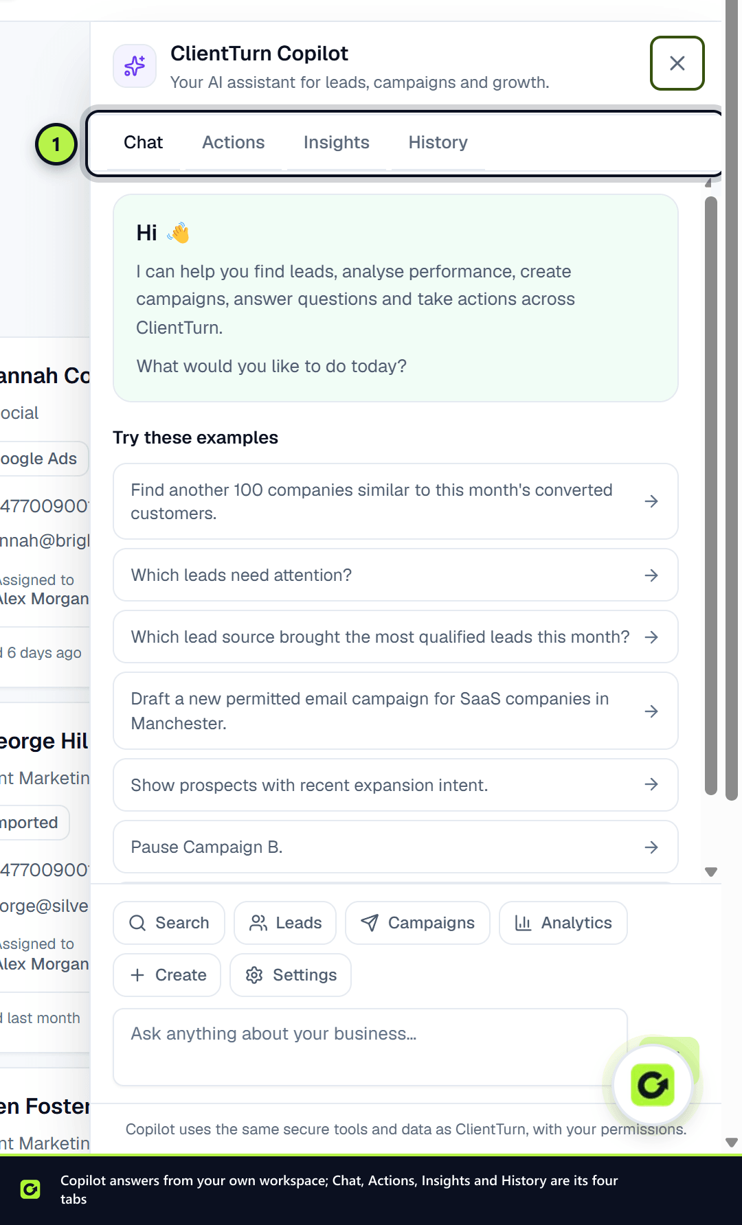 The Copilot drawer with the Chat, Actions, Insights and History tabs and example prompts