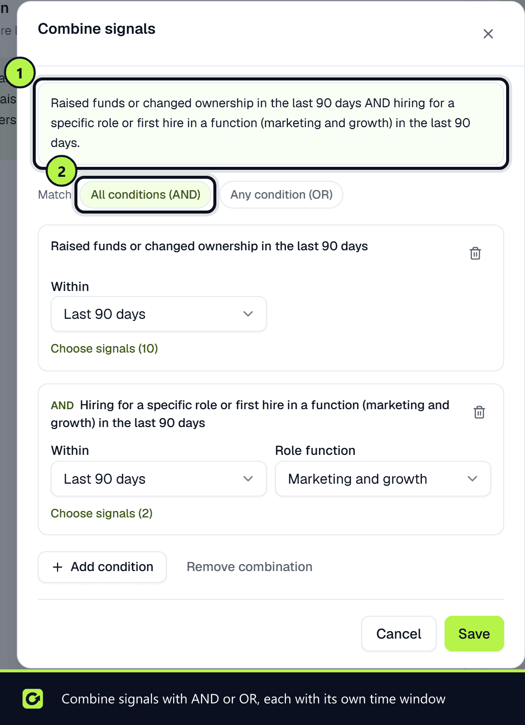 The Combine signals editor for Raised funds and hiring marketing, with All conditions (AND) selected and two conditions