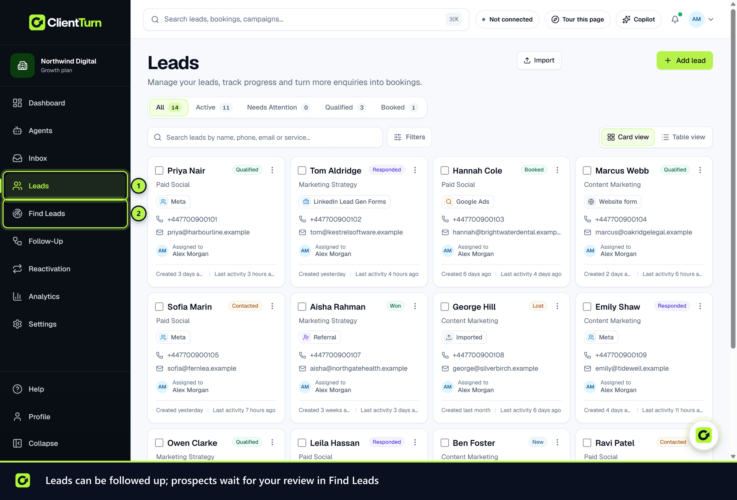 The Leads page with the Leads and Find Leads sidebar entries marked