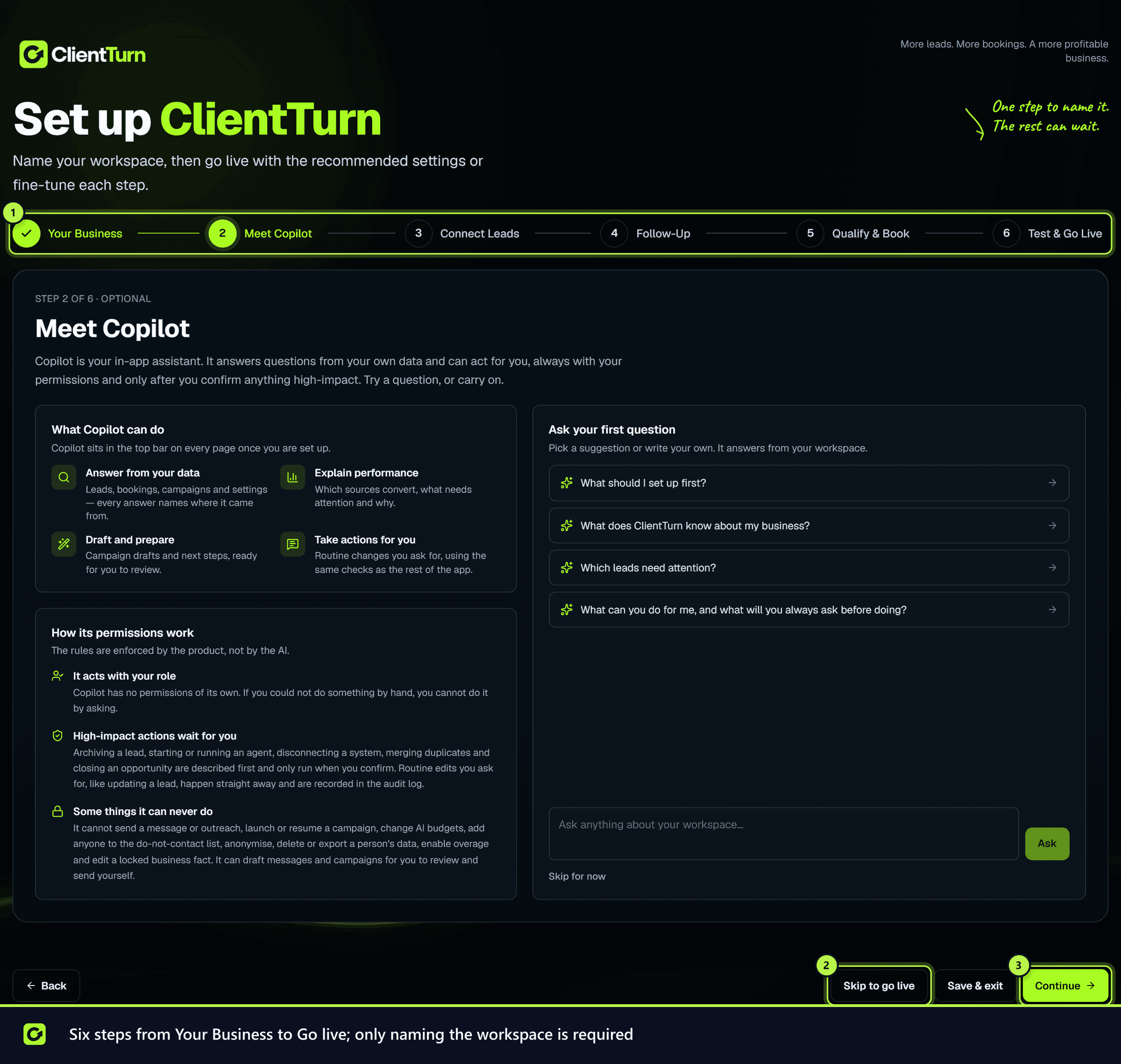 The onboarding page with the six-step navigation, Skip to go live and Continue marked