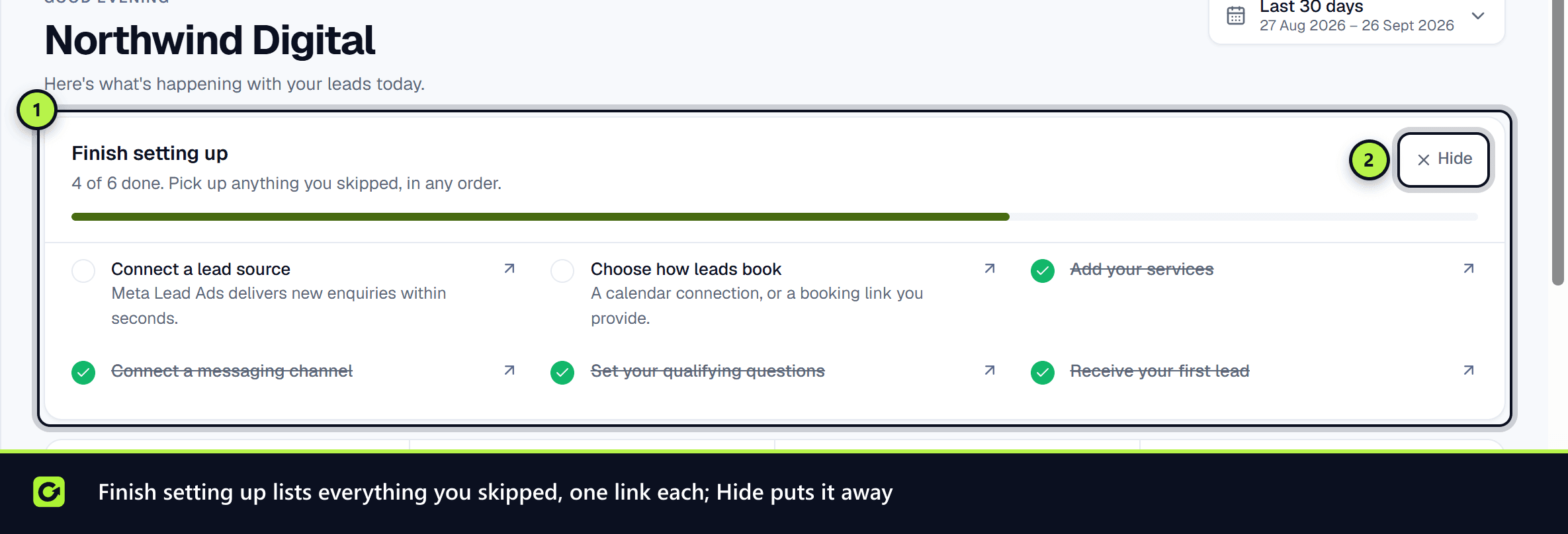 The Finish setting up card on the Dashboard listing the steps still to do, with the Hide button