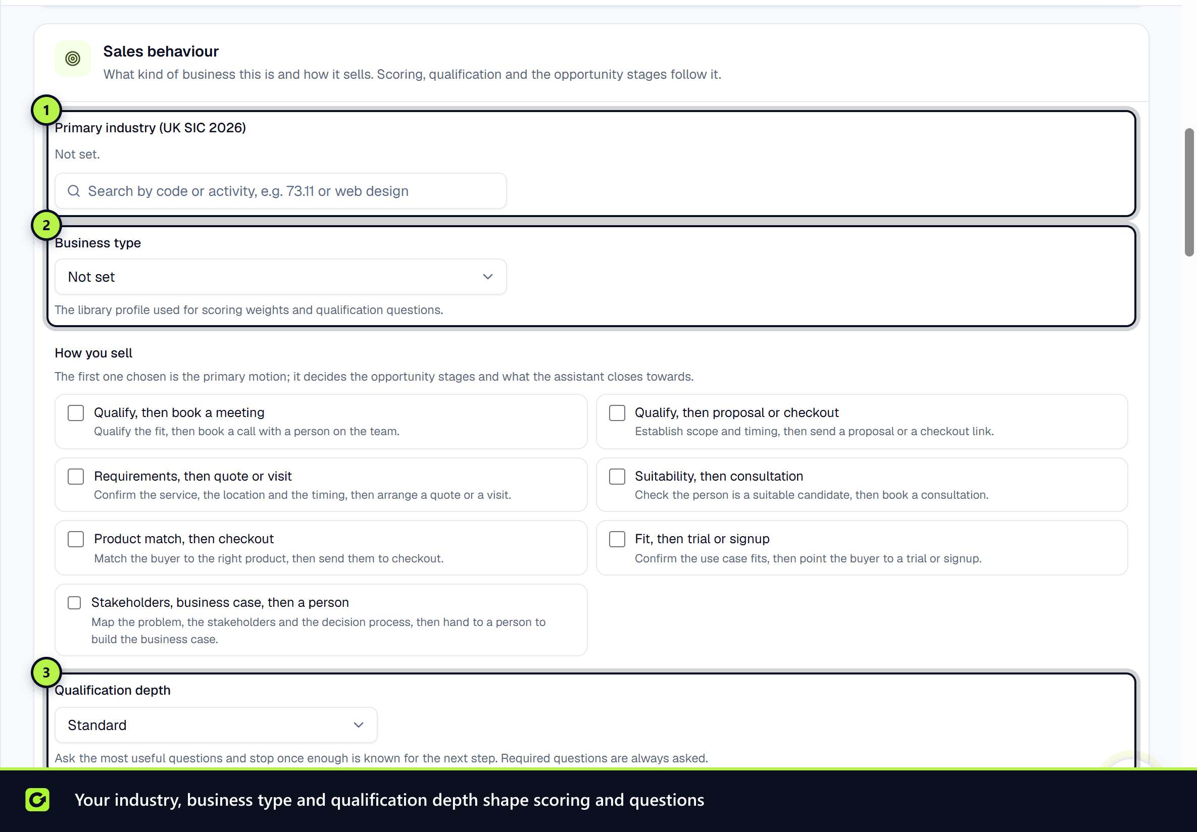 The Sales behaviour card with primary industry, business type and qualification depth