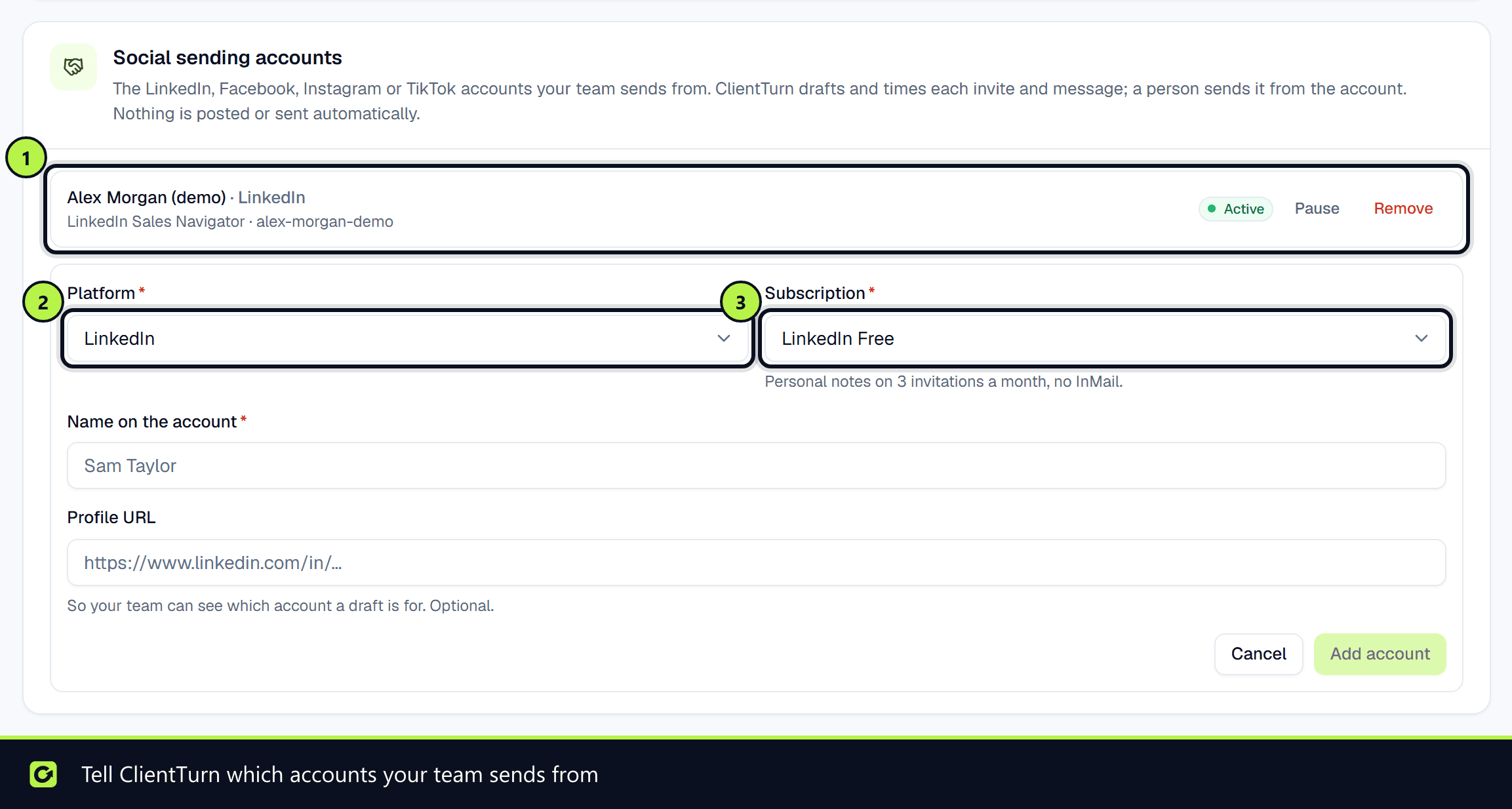 Social sending accounts with one LinkedIn Sales Navigator account and the add form open with Platform and Subscription